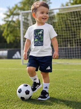 Adidas Toddler Soccer 2PC Outfit Set NWT 12M or 24M Tee Shorts Blue White FIFA